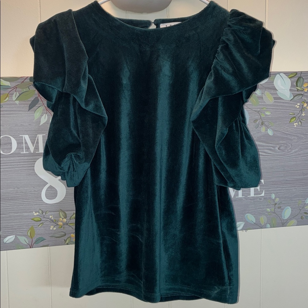 THML Dark Green Velvet Ruffle Sleeve Top